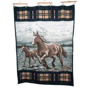 Biederlack Horse Foal Throw Blanket VTG Plaid Border Green Blue Running USA